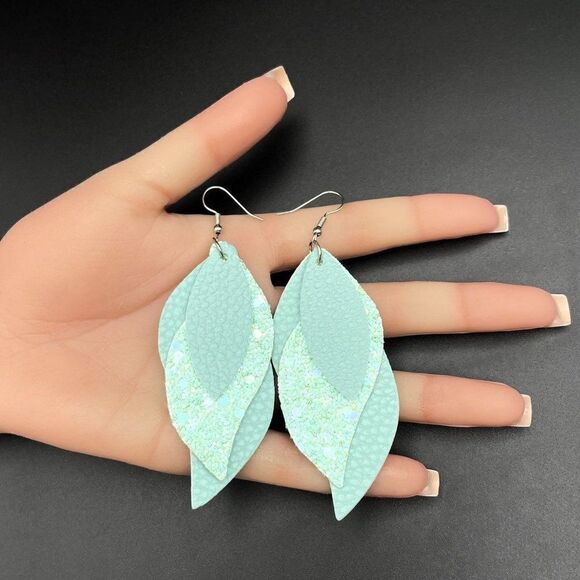 Green Faux Leather with Sequin Layered Leaf 316L Stainless Steel Hook Earrings - Picture 9 of 9